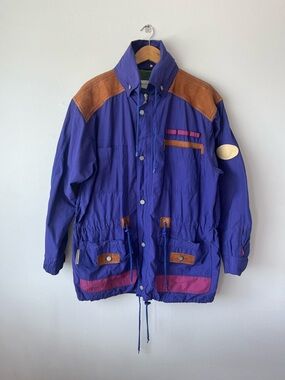 Men's Vintage Bad Guys Purple Windbreaker Jacket with Brown Leather Accents